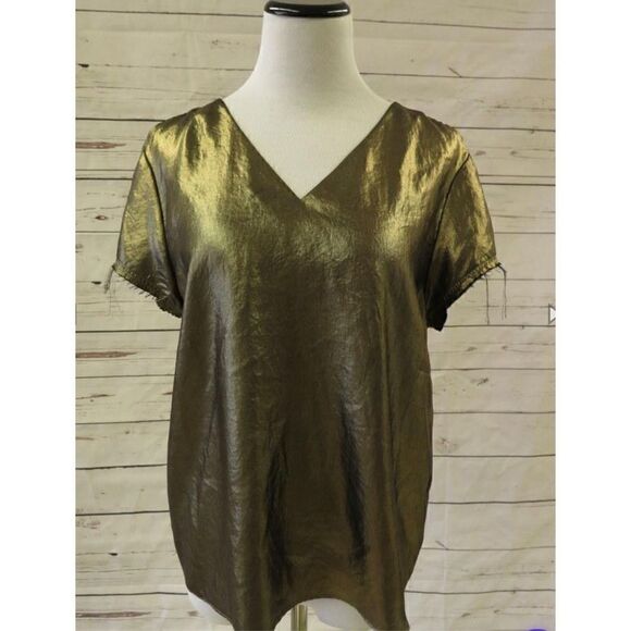 All Saints Gold Lame’ Box Style Top. Cold Shoulder Cut Outs, Raw Hems. Size 0 - Picture 1 of 10